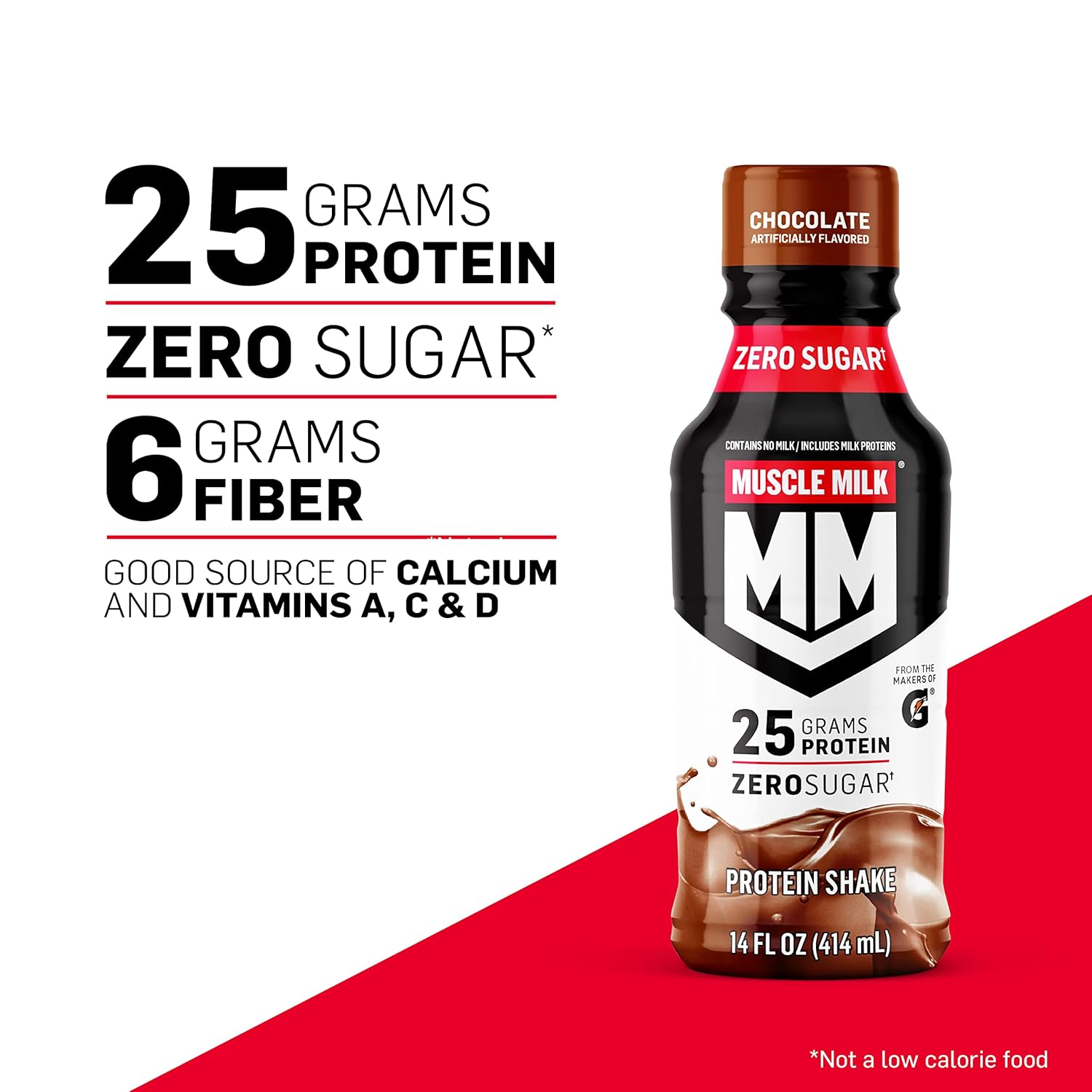 Muscle Milk Genuine Protein Shake, Chocolate, 14 Fl Oz Bottle, 12 Pack, 25g Protein, Zero Sugar, Calcium, Vitamins A, C & D, 6g Fiber, Energizing Snack, Workout Recovery, Packaging May Vary