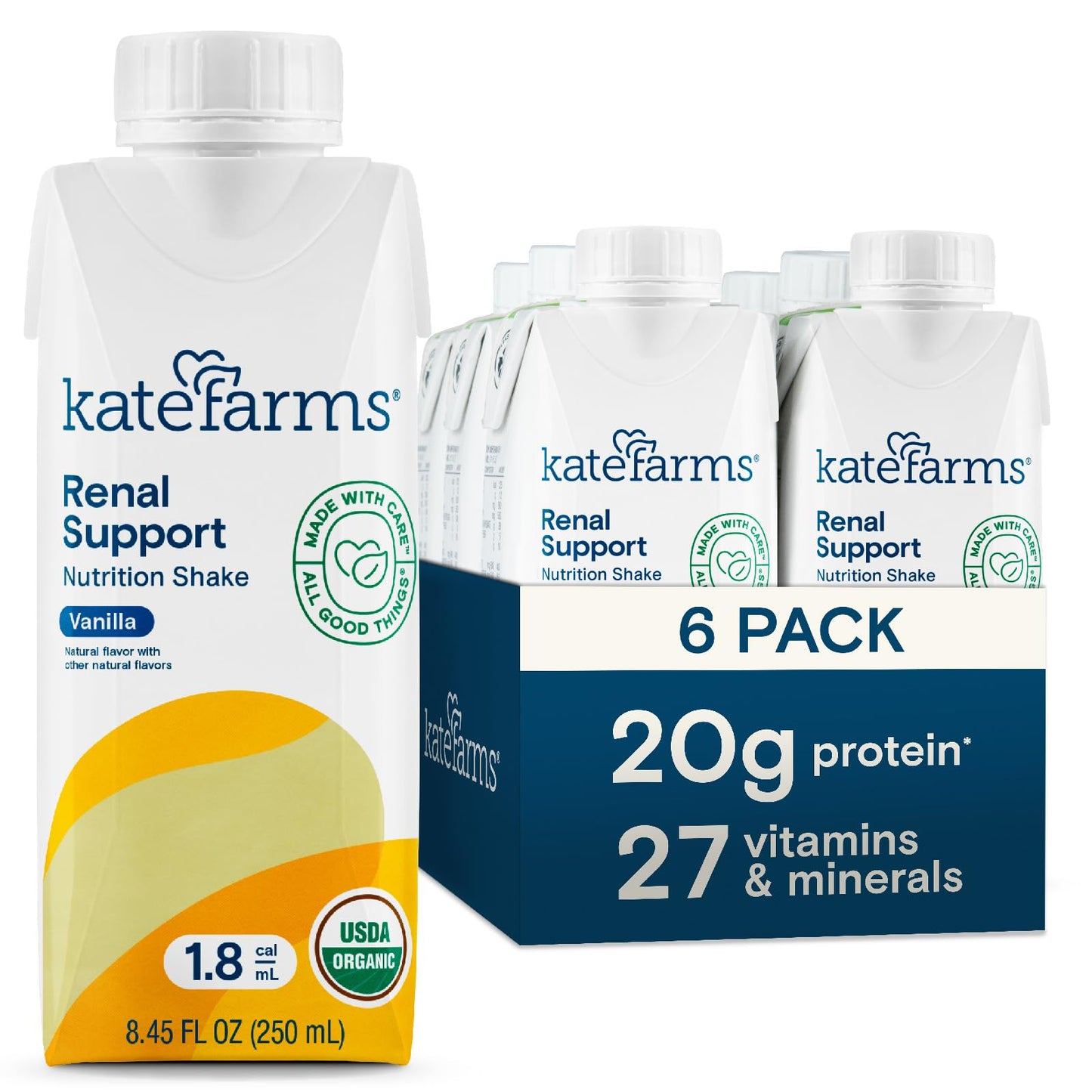 KATE FARMS 1.8 Renal Support Shake, Vanilla, 20g Protein, 12 Pack | Specialized renal nutrition shake with 20g protein for dialysis nutrition support.