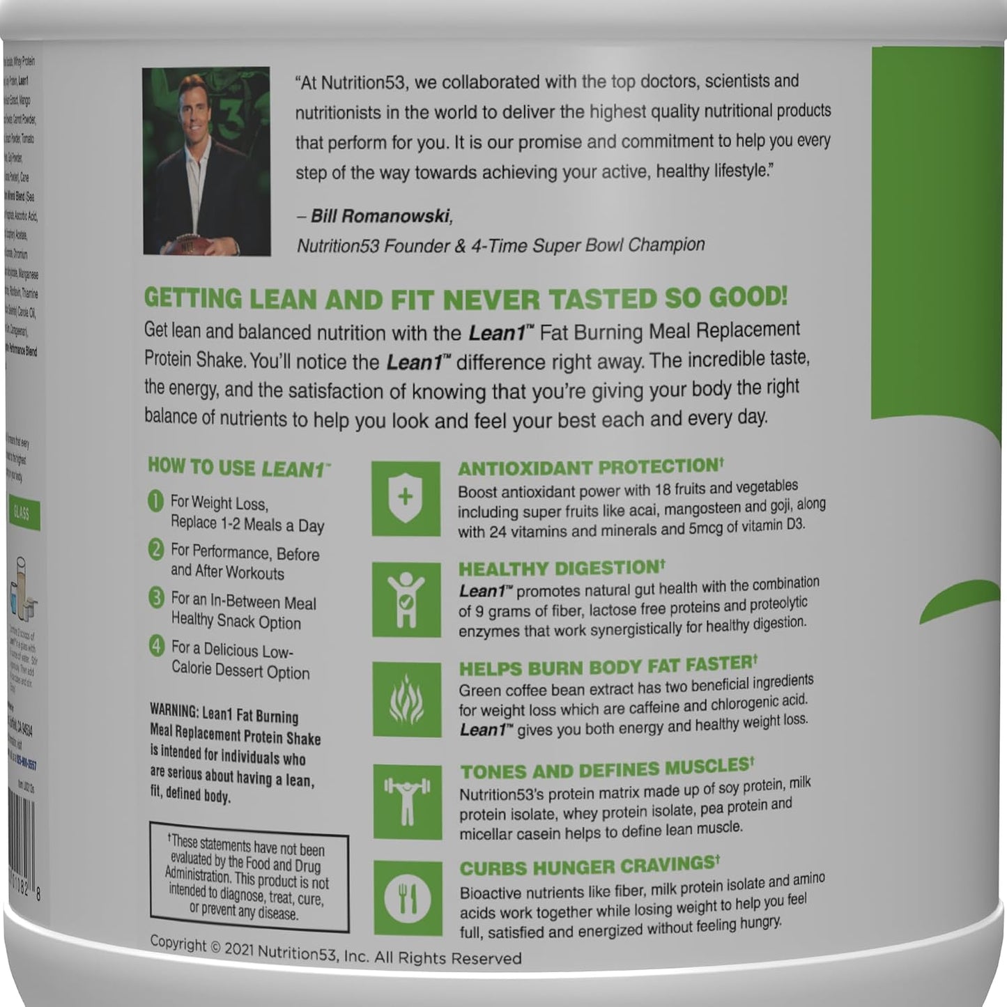 Lean1 Vanilla, Meal Replacement Protein Shake, 15 Serving Tub