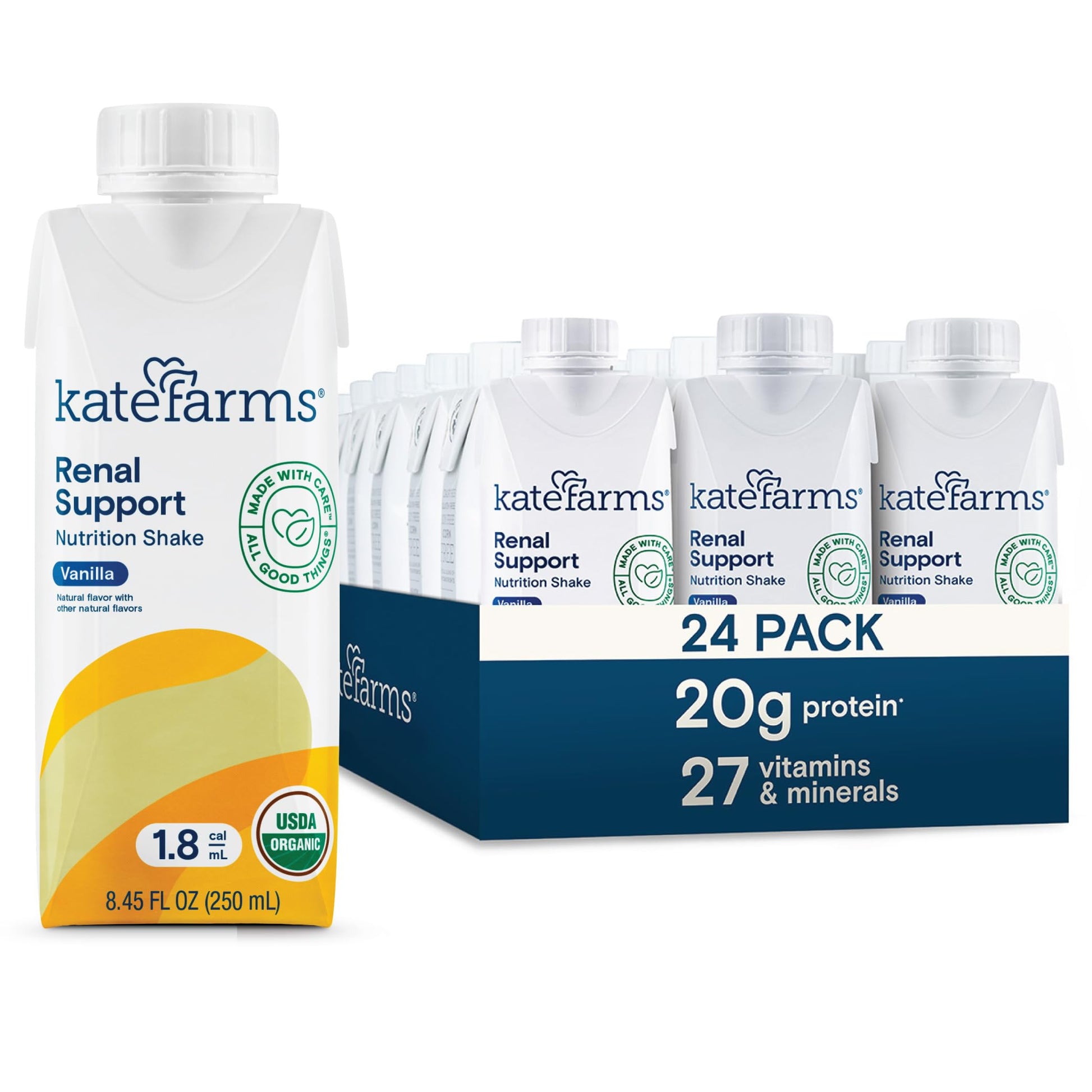 KATE FARMS 1.8 Renal Support Shake, Vanilla, 20g Protein, 12 Pack | Specialized renal nutrition shake with 20g protein for dialysis nutrition support.
