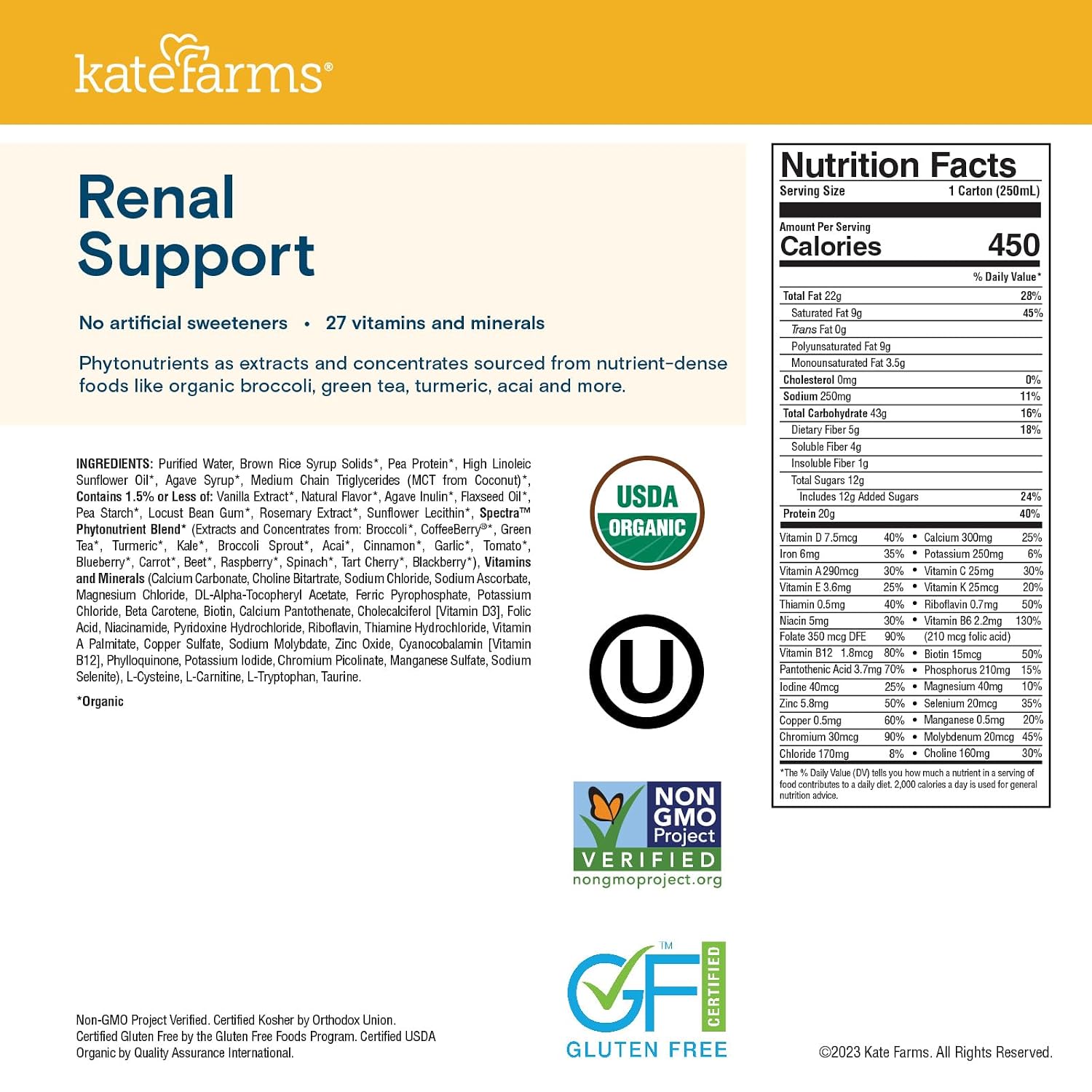 KATE FARMS 1.8 Renal Support Shake, Vanilla, 20g Protein, 12 Pack | Specialized renal nutrition shake with 20g protein for dialysis nutrition support.