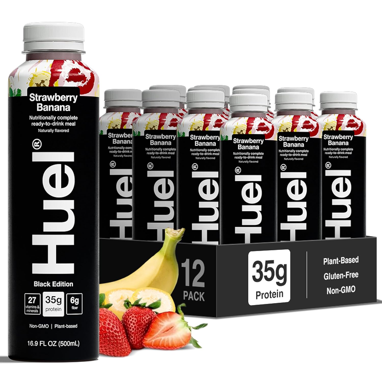 Huel Black Edition Ready-to-Drink | Meal Replacement Protein Shake | Vegan | Strawberry Banana (16.9 Fl Oz - 12 Pack) 35g High Protein, 27 Vitamins & Minerals, Gluten Free, High Fiber