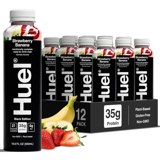 Huel Black Edition Ready-to-Drink | Meal Replacement Protein Shake | Vegan | Strawberry Banana (16.9 Fl Oz - 12 Pack) 35g High Protein, 27 Vitamins & Minerals, Gluten Free, High Fiber
