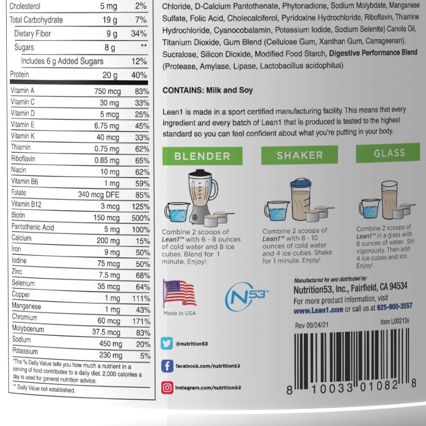 Lean1 Vanilla, Meal Replacement Protein Shake, 15 Serving Tub