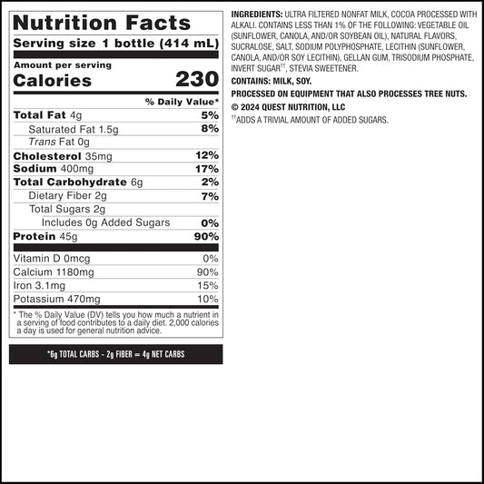 Quest Nutrition Chocolate Protein Shake, 45g Protein, 2g Sugar, 4g Net Carbs, Ready to Drink, Gluten Free, 12 Count