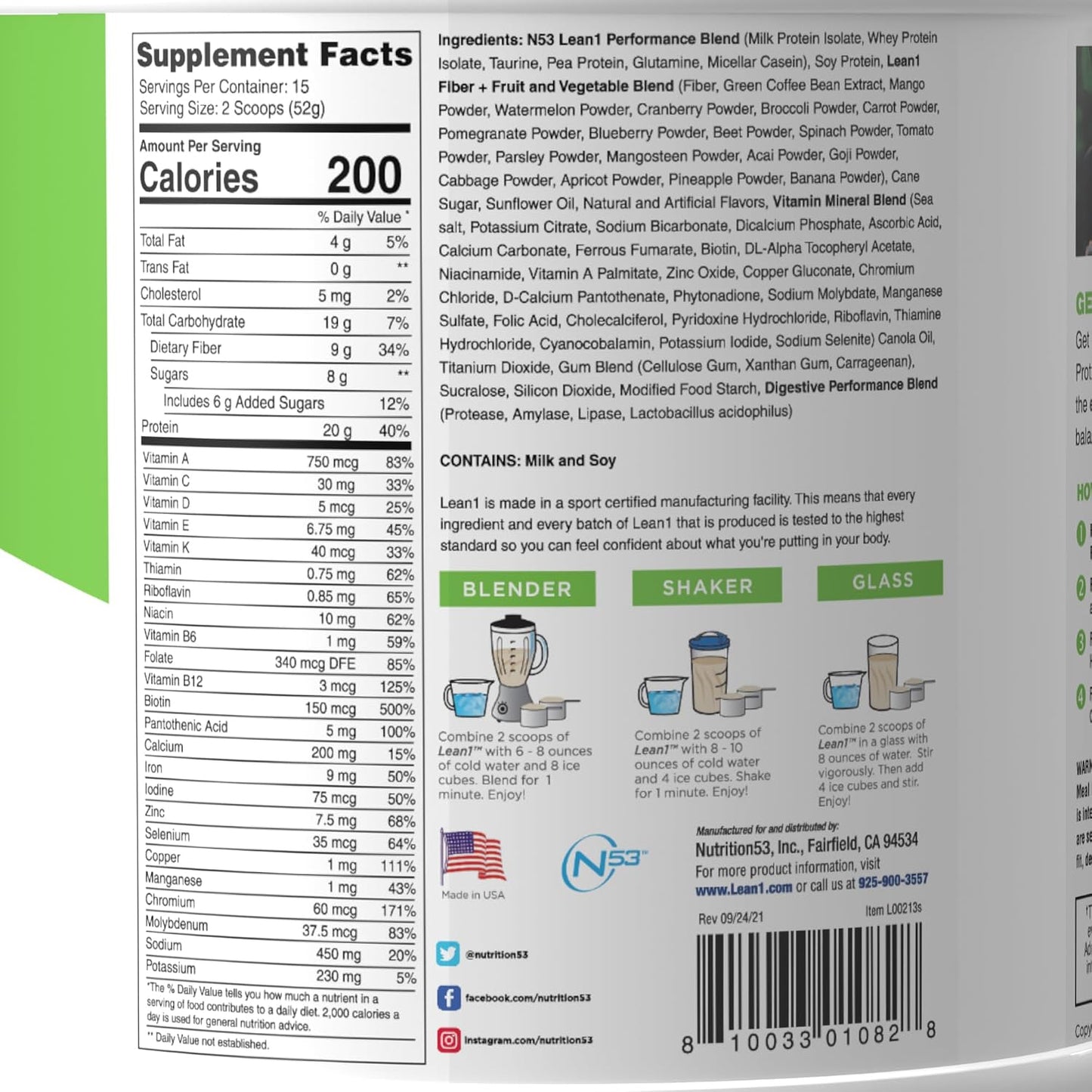 Lean1 Vanilla, Meal Replacement Protein Shake, 15 Serving Tub