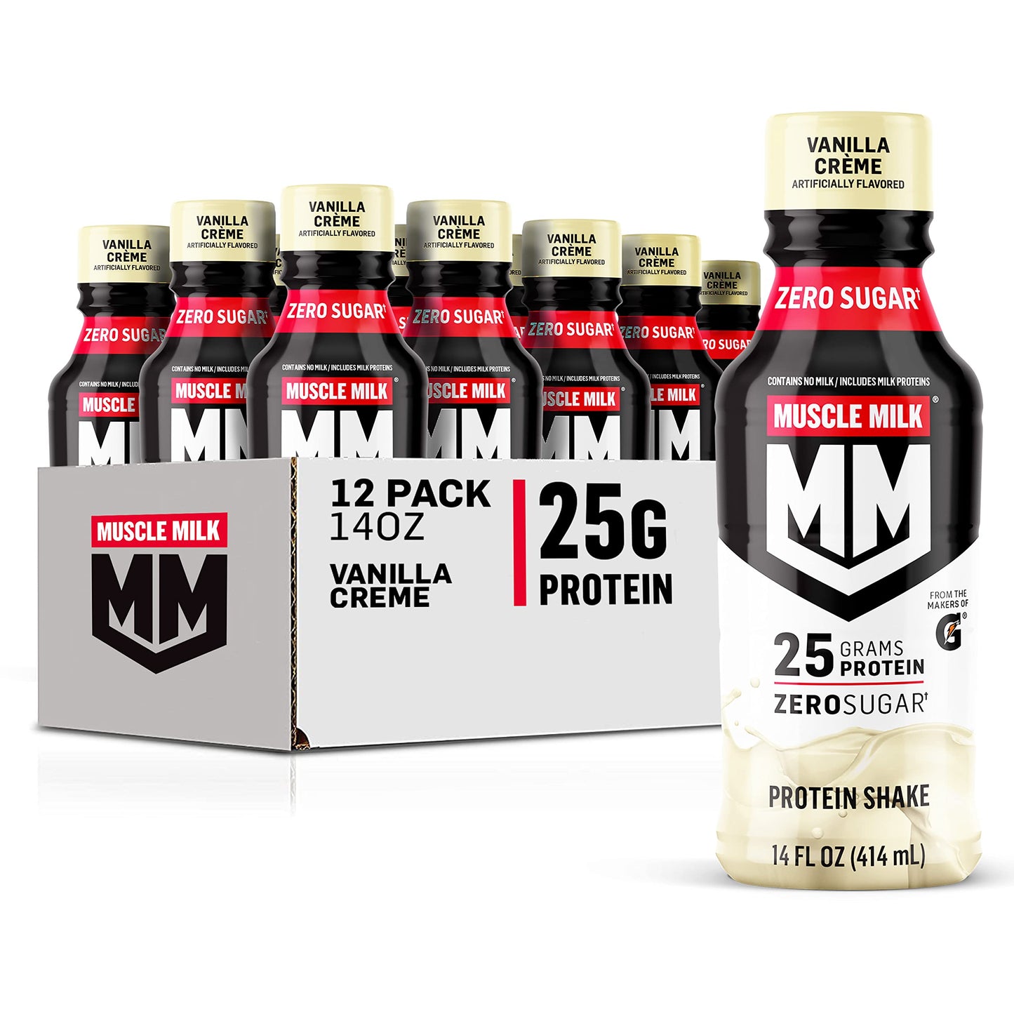 Muscle Milk Genuine Protein Shake, Chocolate, 14 Fl Oz Bottle, 12 Pack, 25g Protein, Zero Sugar, Calcium, Vitamins A, C & D, 6g Fiber, Energizing Snack, Workout Recovery, Packaging May Vary