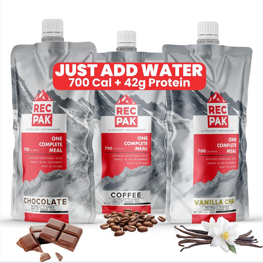 RecPak | 700 Cal, 42g Protein, Complete Nutrition for Backcountry Athletes | No-Cook Lightweight Liquid Meal for Mountaineering Backpacking Sking Hunting | Just Add Water & Go I Variety Pack (3-Pack)