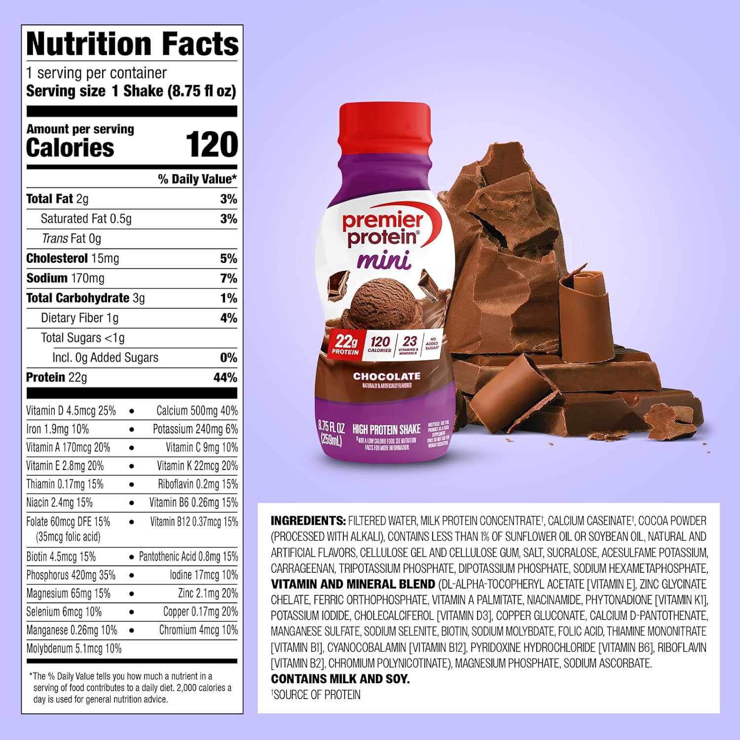 Premier Protein Shake MINIs, Chocolate, 22g Protein, 120 Calories, No Added Sugar, 8.75 fl oz, 12 Pack